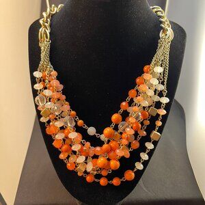 Multi-Strand 22" Bib Necklace Gold-tone Chain 8 Strand Coral Color